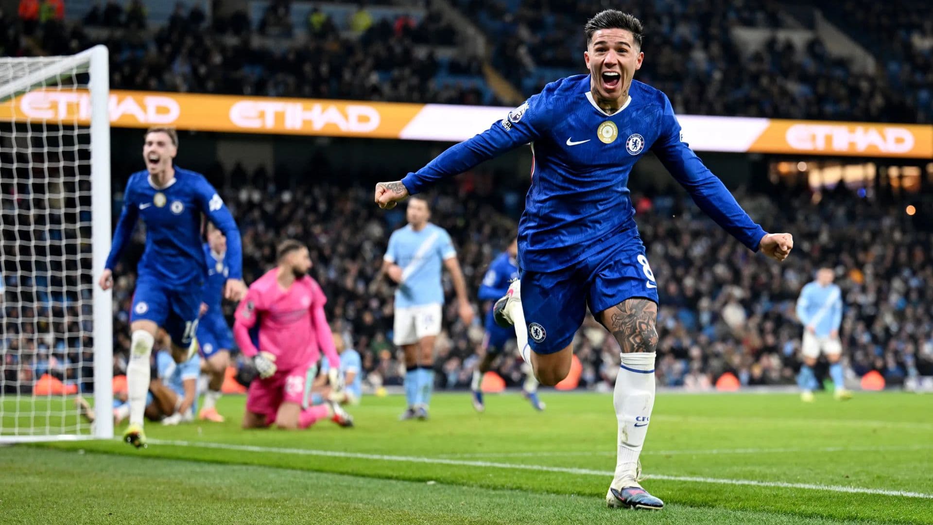 Enzo Fernandez scores for Chelsea against Manchester City in the Premier League