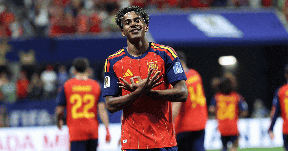 Lamine Yamal celebrates after scoring Spain's opening goal against Saudi Arabia during a 2026 FIFA World Cup Group H match in Atlanta.